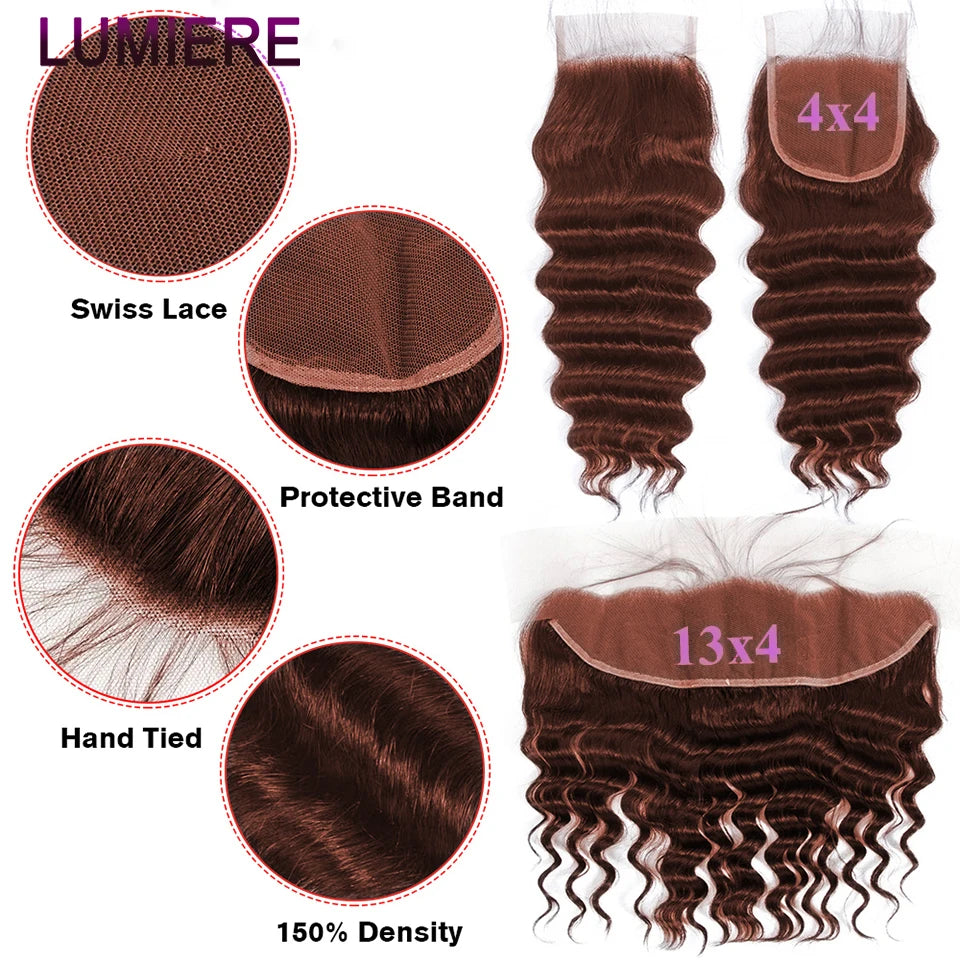 #33 Auburn Brown Ombre Colored Loose Deep Wave Raw Human Hair Bundles With Lace Closure Frontal 5x5 HD Lace Closure And Bundles