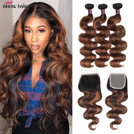 FB 30 Highlight Bundles With Closure 30 Inch Body Wave Bundles With 4x4 Transparent Closure Brazilian Remy Hair Weave For Women