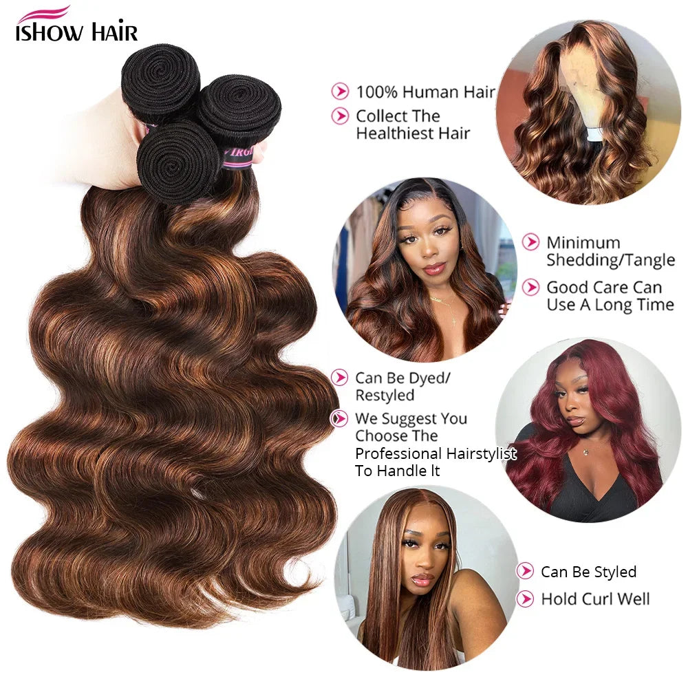 FB 30 Highlight Bundles With Closure 30 Inch Body Wave Bundles With 4x4 Transparent Closure Brazilian Remy Hair Weave For Women
