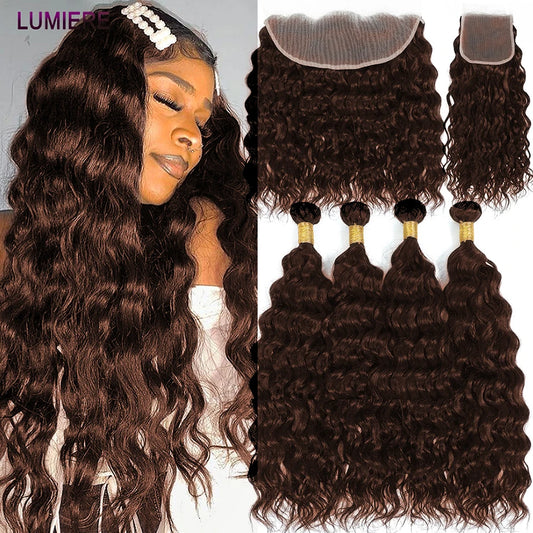 32" Ombre Chocolate Brown Natural Wave Human Hair Bundles With Closure Frontal HD Lace Closure With Bunlde Raw Hair Weave Bundle