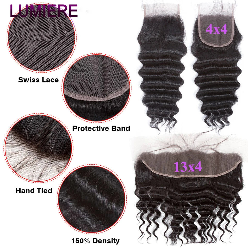 40"Loose Deep Wave Human Hair Bundles With Closure Brazilian Hair Weave 3/4 Bundles With Frontal 100% Human Hair Weave Extension