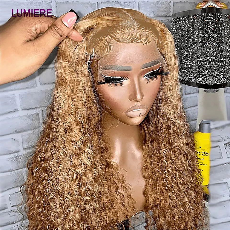 #27 Honey Blonde Human Hair Bundles with13x4 Frontal Highlight Ombre Colored Water Wave Bundles with Closure 5x5 HD Transparent