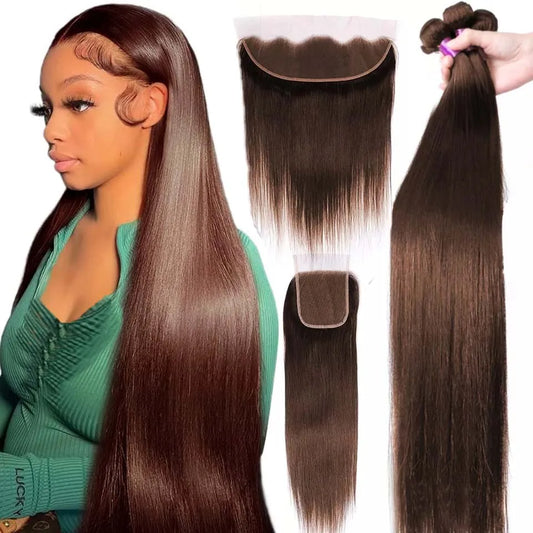32" #4 Chocolate Brown Bundles With Closure Frontal Ombre Colored Bone Straight Hair Bundles With 4x4 Transparent Lace Closure