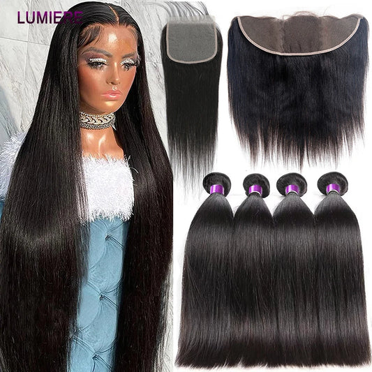 Bone Straight Human Hair Bundles With Closure Frontal Raw Hair Bundles 40 Inch Bundles Human Hair HD lace Clsoure Hair Extension