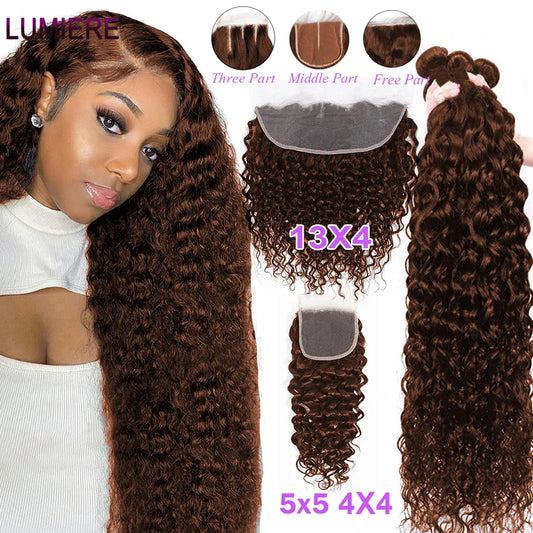 Chocolate Brown Ombre Water Wave Bundle With Closure Frontal HD #4 Colored Brazilian Human Hair Weave Bundle Deal Hair Extension