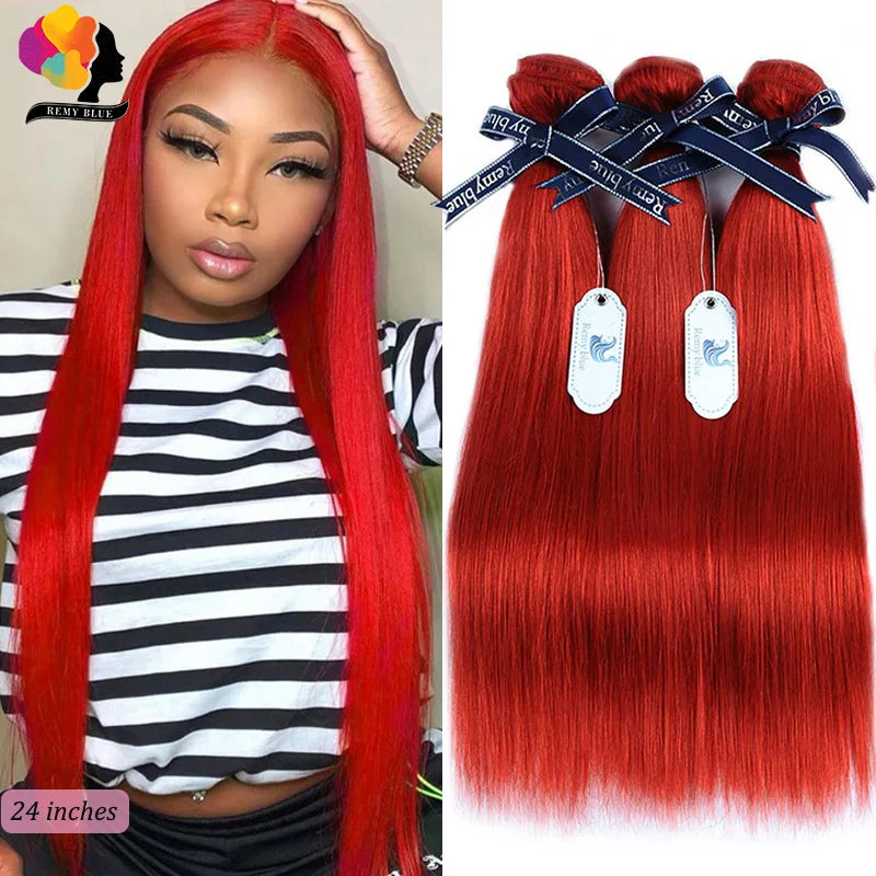 Red Straight Bundles With Closure  4*4 With Baby Hair Transparent Lace Brazilian Human Hair Weave 3 Bundles With Lace Closure