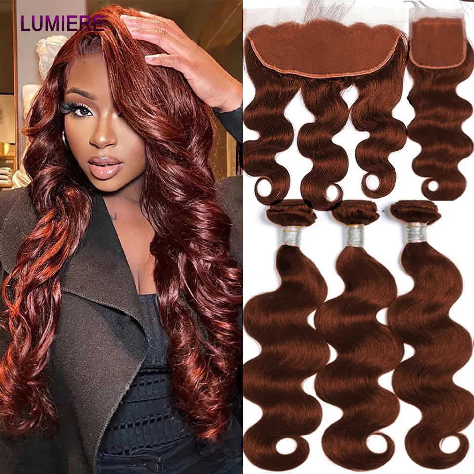 #33 Auburn Brown Body Wave Human Hair Bundles With Closure 5x5 HD Deep Curly Hair Weave Bundles With Frontal Hair Extensions