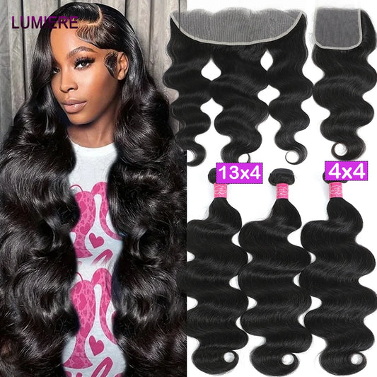 Body Wave Human Hair Bundles With Closure Lace Frontal 13x4 4x4 HD Transparent 5x5 6x6 Lace Closure With Hair Extension Bundles