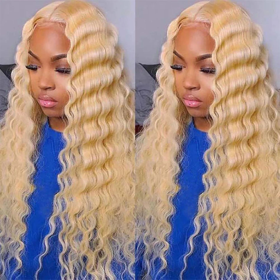 #613 Lace Frontal Wig Human Hair Long Deep Wave Brazilian Hair 180% Density Blonde Human Hair Preplucked Natural Hairline
