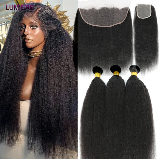 30 40"Kinky Straight Human Hair Bundles With Closure Brazilian Deep Curly Hair Weave Bundles With Frontal Closure Hair Extension
