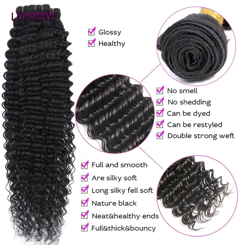 30 32 Inch Deep Wave Brazilia Human Hair Weave Bundles With Closure Frontal Raw Curly Weave 4x4 Lace Closure Frontal with Bundle