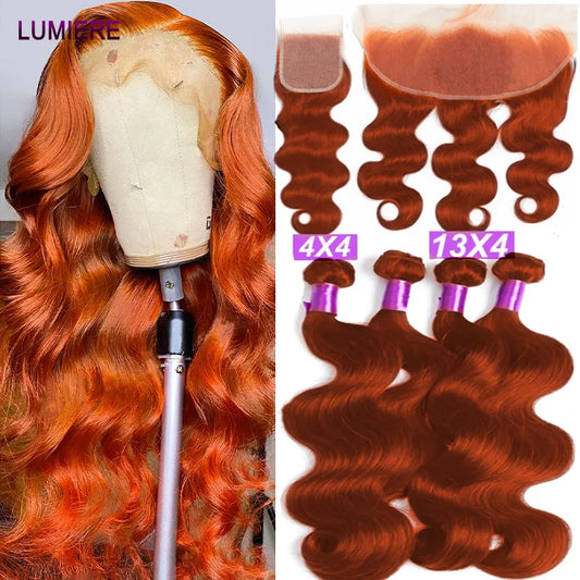 32" Ginger Orange Colored Body Wave Bundles With lace Closure Frontal HD With Bundles Ombre Raw Human Hair Weave 3/4 Bundle Deal