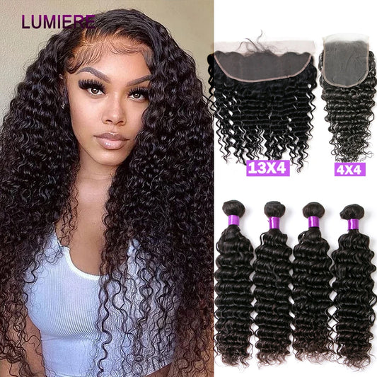 30 32 Inch Deep Wave Brazilia Human Hair Weave Bundles With Closure Frontal Raw Curly Weave 4x4 Lace Closure Frontal with Bundle