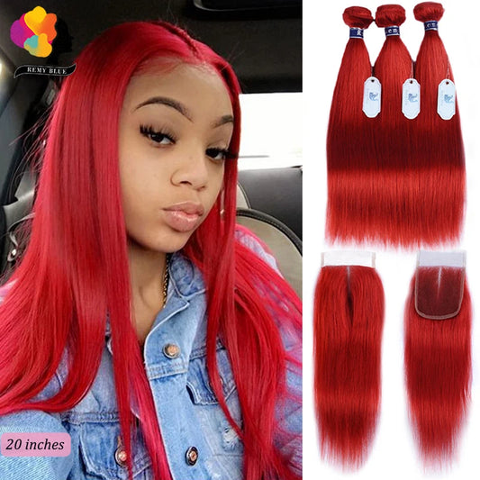 Red Straight Bundles With Closure  4*4 With Baby Hair Transparent Lace Brazilian Human Hair Weave 3 Bundles With Lace Closure