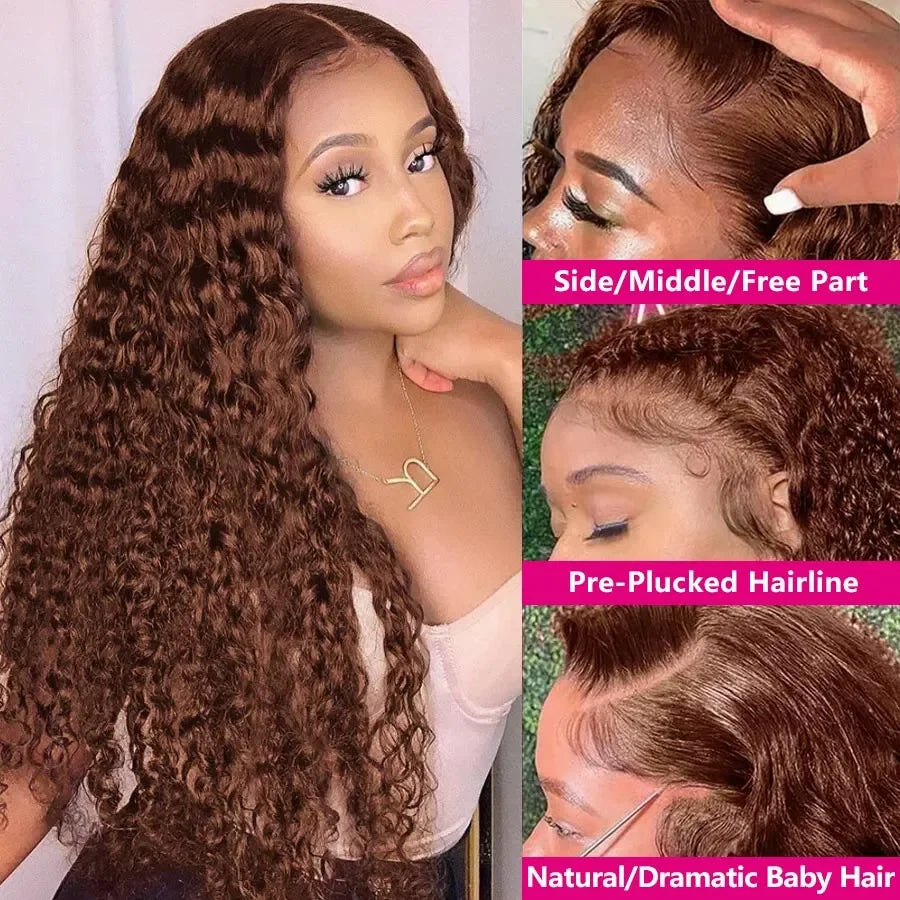 13x6 Brown Curly Lace Front Human Hair Wigs HD Transparent Deep Wave Frontal Wig Brazilian Colored Water Wave Wigs Human Hair